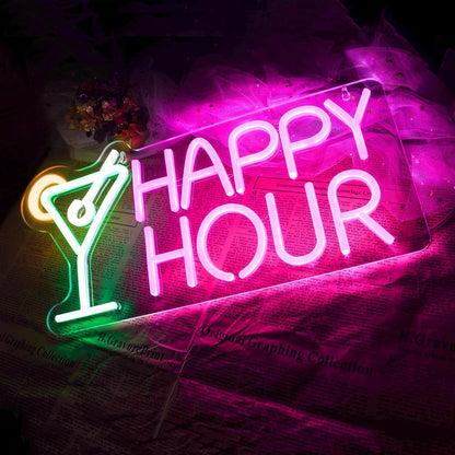 Cocktails Happy Hour Neon Sign with USB Dimmable LED Neon Signs for Bedroom Beer Bar Neon Light Sign Hotel Party Club Office Wall Decor Art Lights Gifts