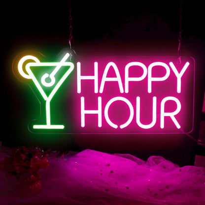 Cocktails Happy Hour Neon Sign with USB Dimmable LED Neon Signs for Bedroom Beer Bar Neon Light Sign Hotel Party Club Office Wall Decor Art Lights Gifts